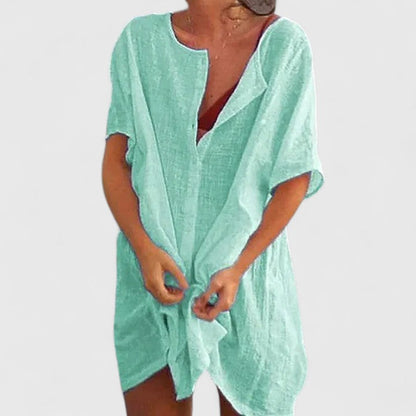 Effortless Linen Tunic for Women with V-Neck Short Sleeve Open Front Oversized Casual Style