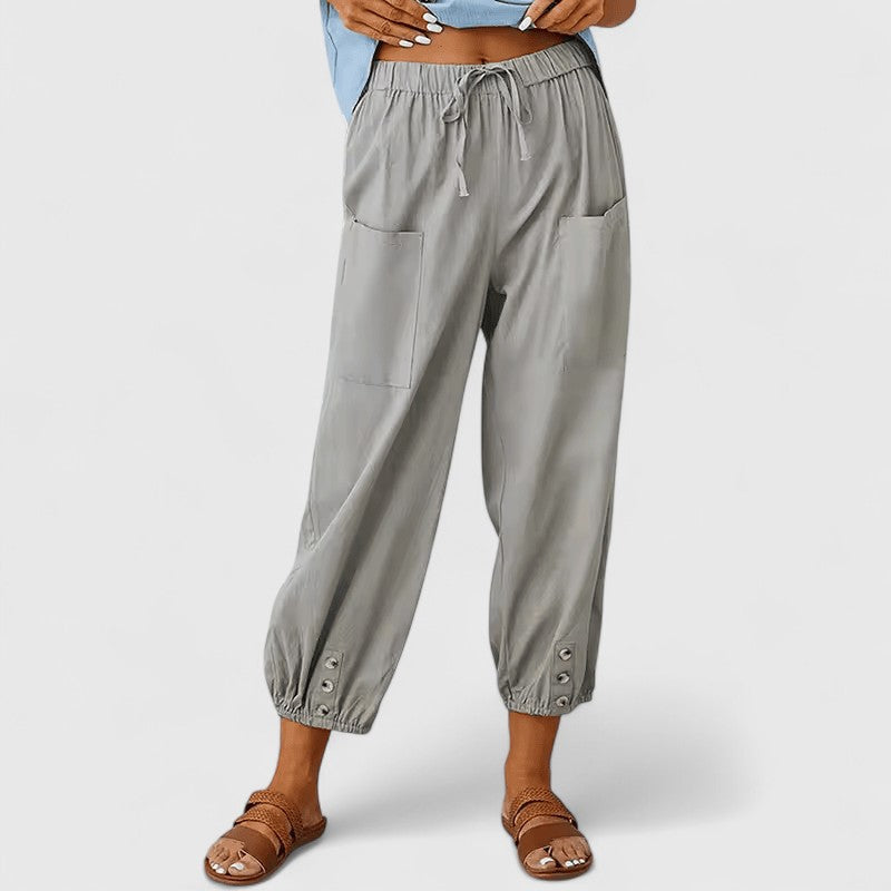 Effortless Linen Harem Pants for Women with Drawstring Waist Patch Pocket Tapered Ankle Casual Style