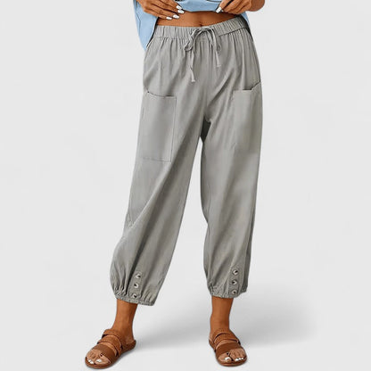 Effortless Linen Harem Pants for Women with Drawstring Waist Patch Pocket Tapered Ankle Casual Style