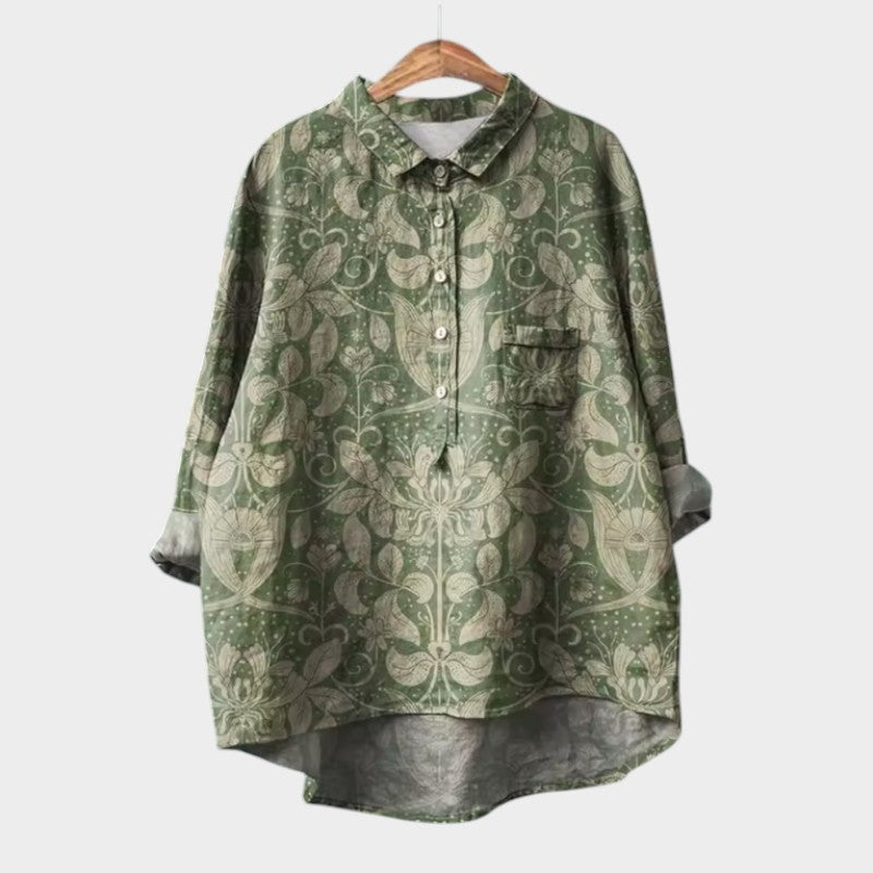 Effortless Floral Print Blouse for Women with Shirt Collar Long Sleeve Curved Hem Relaxed Style