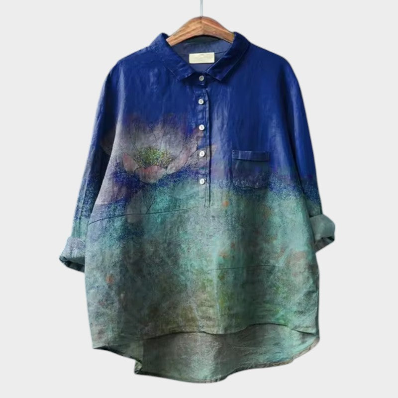 Effortless Floral Print Blouse for Women with Shirt Collar Long Sleeve Curved Hem Relaxed Style