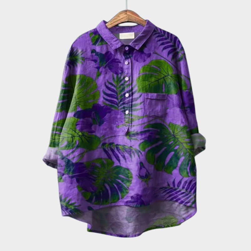 Effortless Floral Print Blouse for Women with Shirt Collar Long Sleeve Curved Hem Relaxed Style