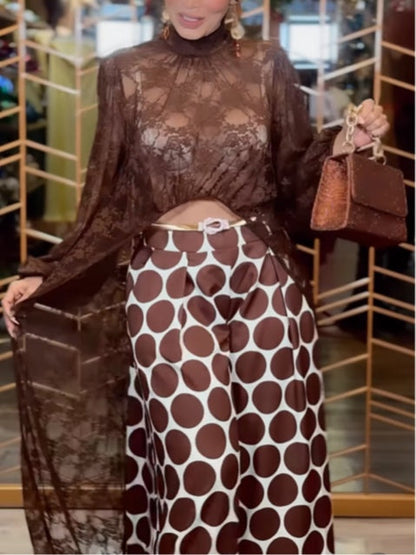 Stylish Two-Piece Set for Women with Sheer Lace Top Balloon Sleeve Polka Dot Wide Leg Pants Chic Style