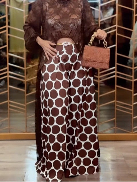 Stylish Two-Piece Set for Women with Sheer Lace Top Balloon Sleeve Polka Dot Wide Leg Pants Chic Style