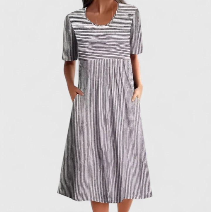 Comfortable Striped Midi Dress for Women with Round Neck Short Sleeve Empire Waist Casual Style