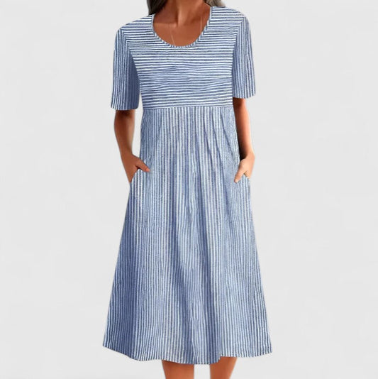 Comfortable Striped Midi Dress for Women with Round Neck Short Sleeve Empire Waist Casual Style