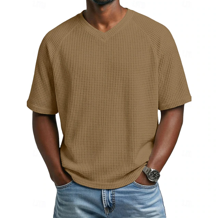 Classic Waffle Shirt for Men with V Neck Short Sleeve