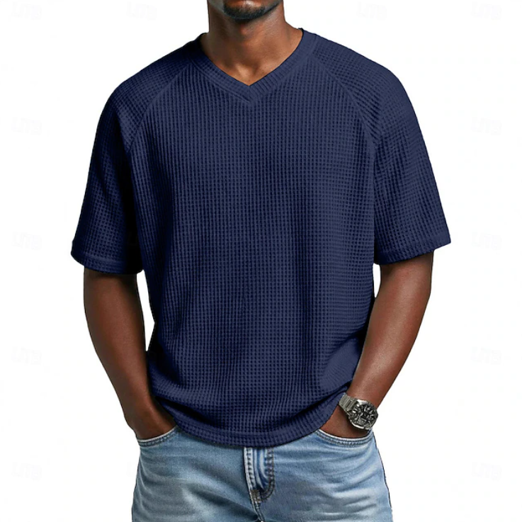 Classic Waffle Shirt for Men with V Neck Short Sleeve