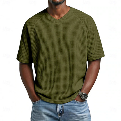 Classic Waffle Shirt for Men with V Neck Short Sleeve