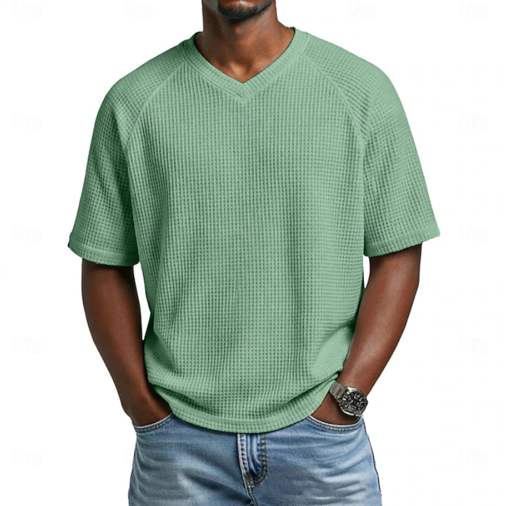 Classic Waffle Shirt for Men with V Neck Short Sleeve