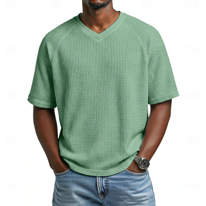 Classic Waffle Shirt for Men with V Neck Short Sleeve