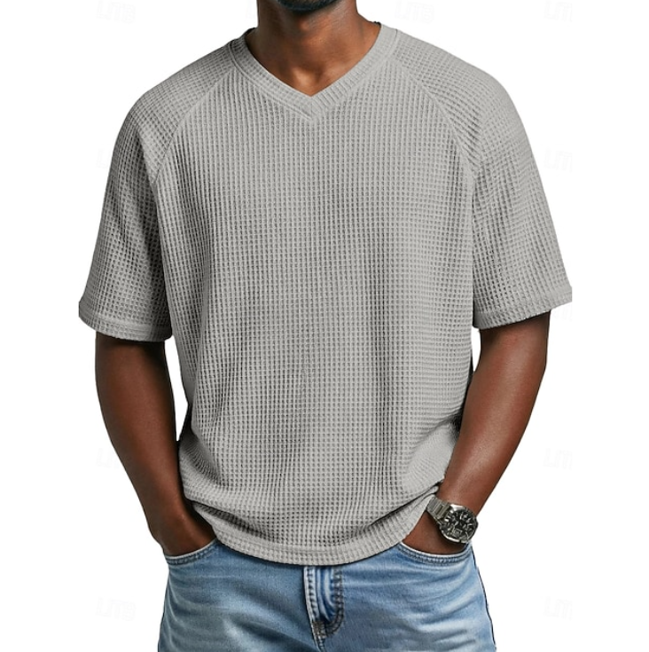 Classic Waffle Shirt for Men with V Neck Short Sleeve