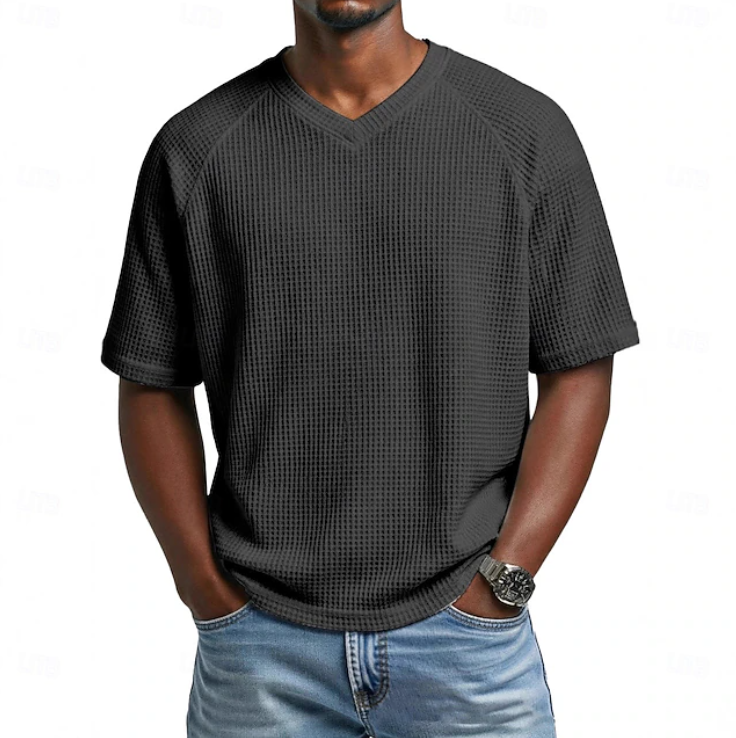 Classic Waffle Shirt for Men with V Neck Short Sleeve