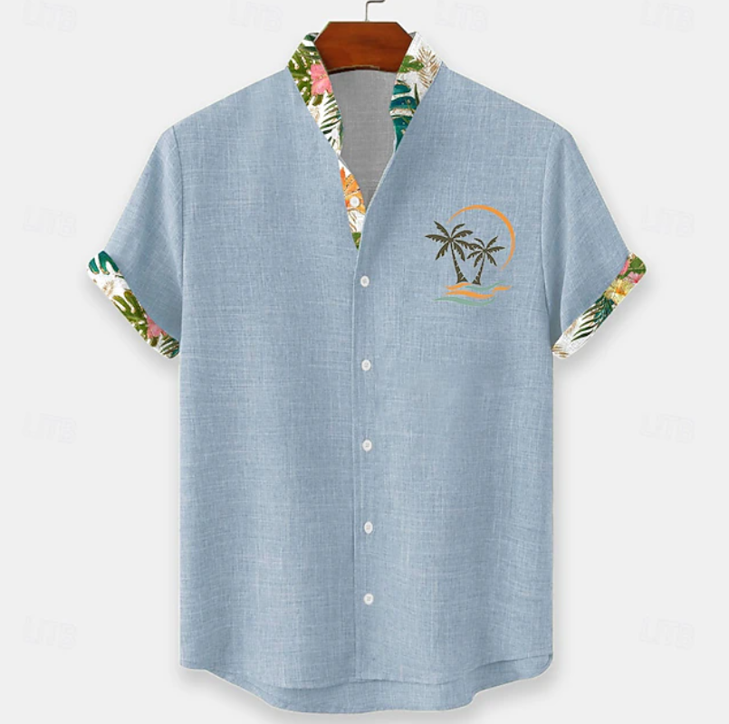 Stylish Button Down Shirt for Men with Short Sleeve Contrast Trim