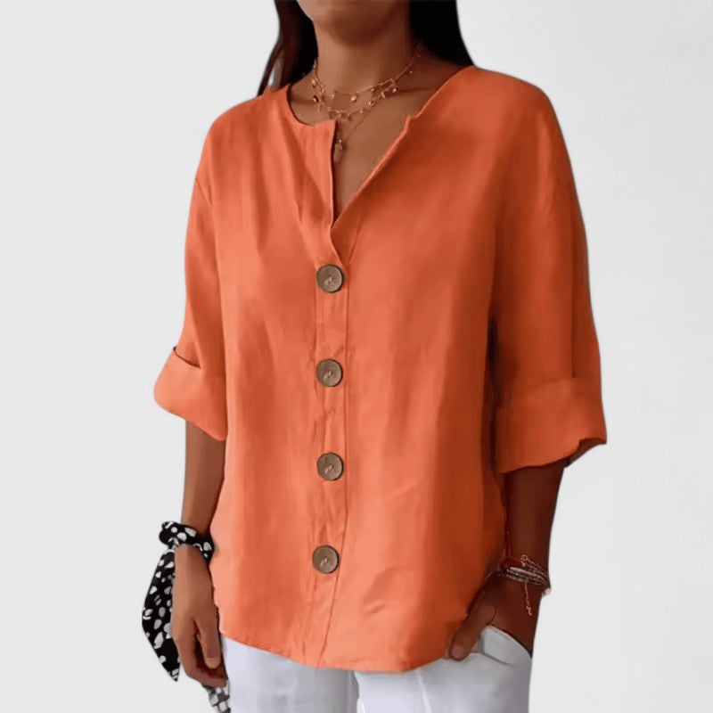 Effortless Linen Button Down Blouse for Women with V-Neck Elbow Sleeve Relaxed Casual Style
