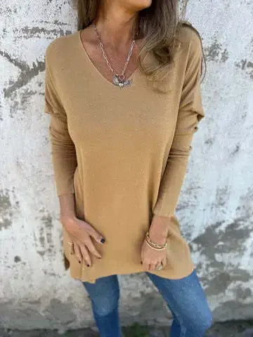 Comfortable Knit Tunic for Women with V-Neck Long Sleeve Oversized Side Slit Casual Style