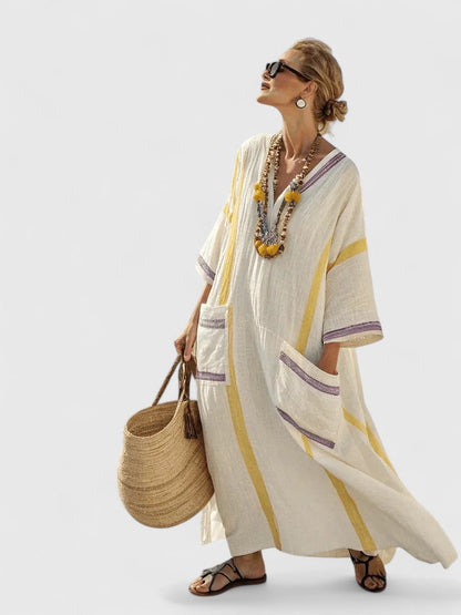 Effortless Linen Kaftan Maxi Dresses for Women with V Neck 3/4 Sleeve Striped Trim Oversized Resort Style