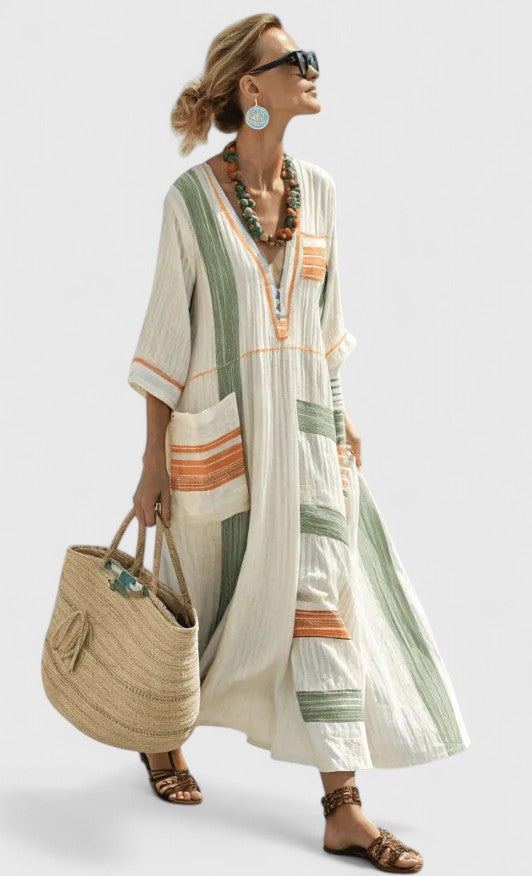 Effortless Linen Kaftan Maxi Dresses for Women with V Neck 3/4 Sleeve Striped Trim Oversized Resort Style