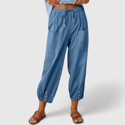 Effortless Linen Harem Pants for Women with Drawstring Waist Patch Pocket Tapered Ankle Casual Style