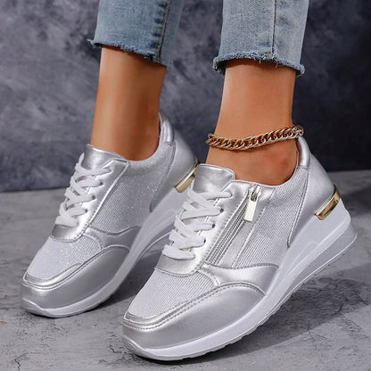 Elegant Orthopedic Platform Sneakers for Women with Metallic Upper Side Zip Lace Up Wedge Casual Style