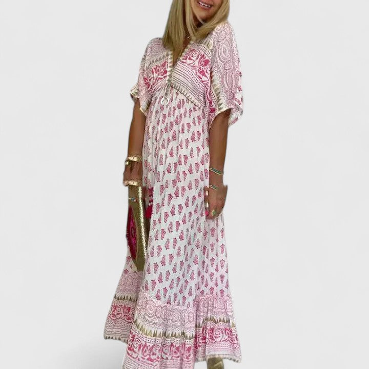 Effortless Block Print Maxi Dress for Women with V Neck Tassel Tie Flutter Sleeve Boho Style