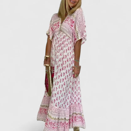 Effortless Block Print Maxi Dress for Women with V Neck Tassel Tie Flutter Sleeve Boho Style