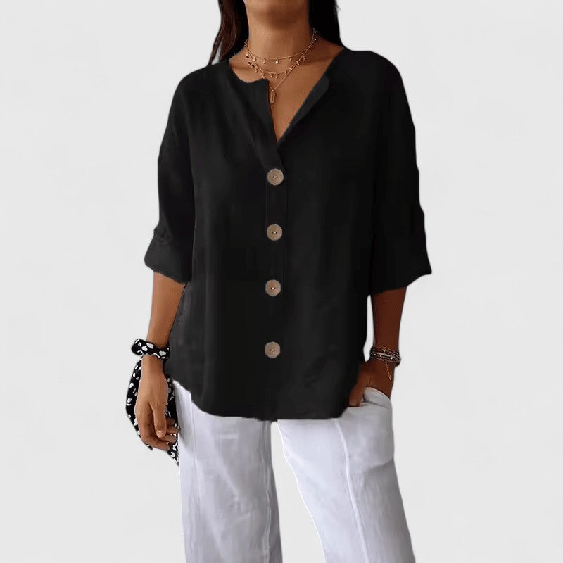 Effortless Linen Button Down Blouse for Women with V-Neck Elbow Sleeve Relaxed Casual Style