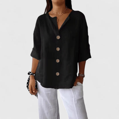 Effortless Linen Button Down Blouse for Women with V-Neck Elbow Sleeve Relaxed Casual Style