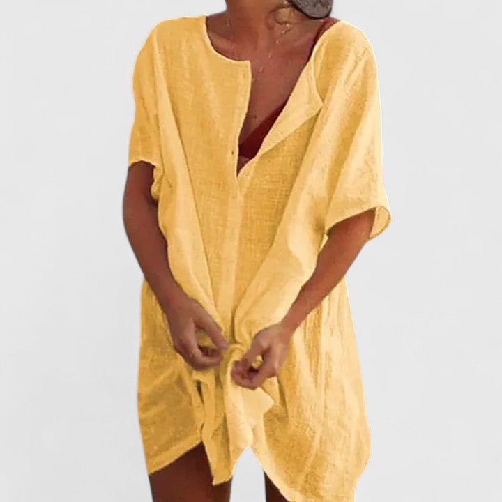 Effortless Linen Tunic for Women with V-Neck Short Sleeve Open Front Oversized Casual Style