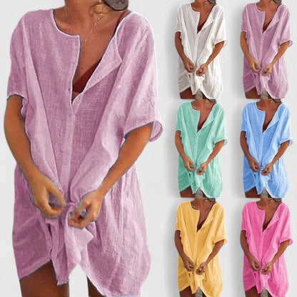Effortless Linen Tunic for Women with V-Neck Short Sleeve Open Front Oversized Casual Style
