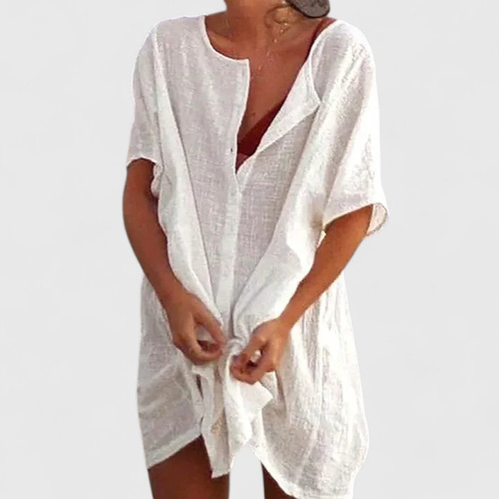 Effortless Linen Tunic for Women with V-Neck Short Sleeve Open Front Oversized Casual Style