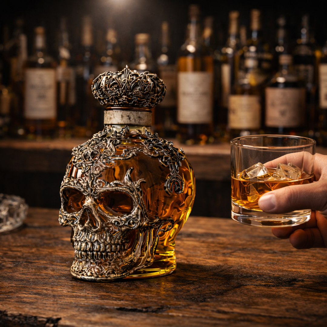 Stylish Whisky Decanter Bottle Gift Set with Skulls Design