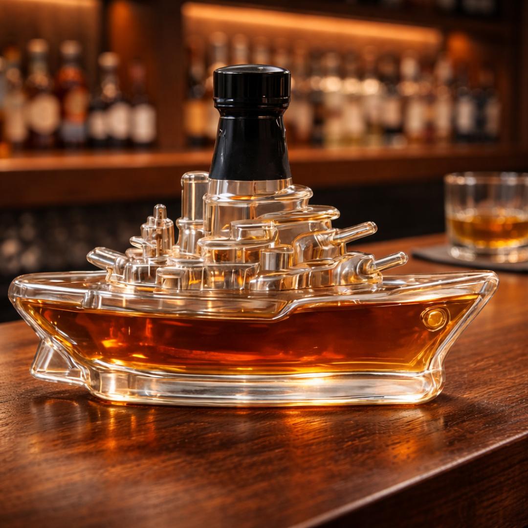 Stylish Whisky Decanter Bottle Gift Set with Marine Ship Design
