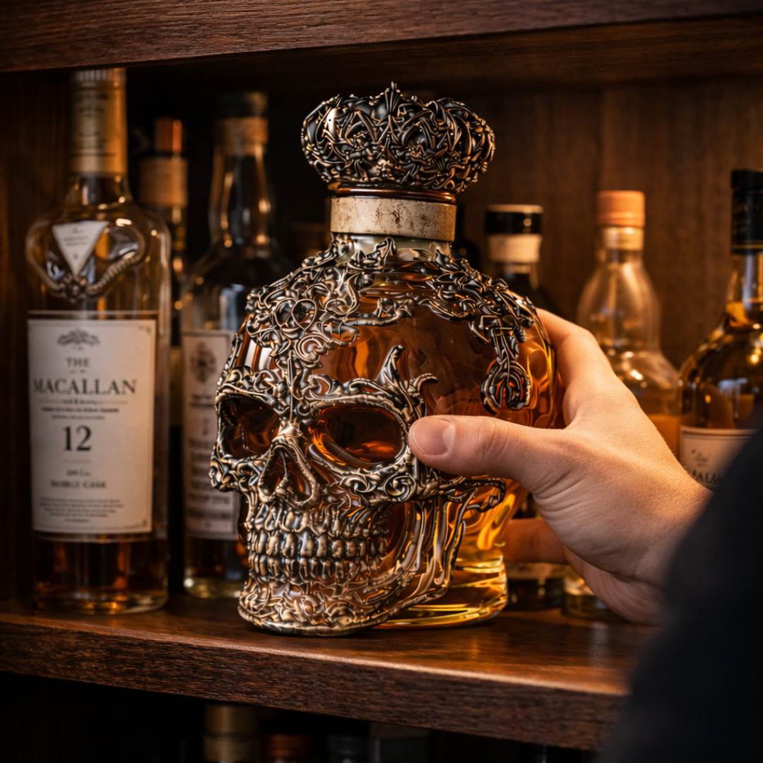 Stylish Whisky Decanter Bottle Gift Set with Skulls Design