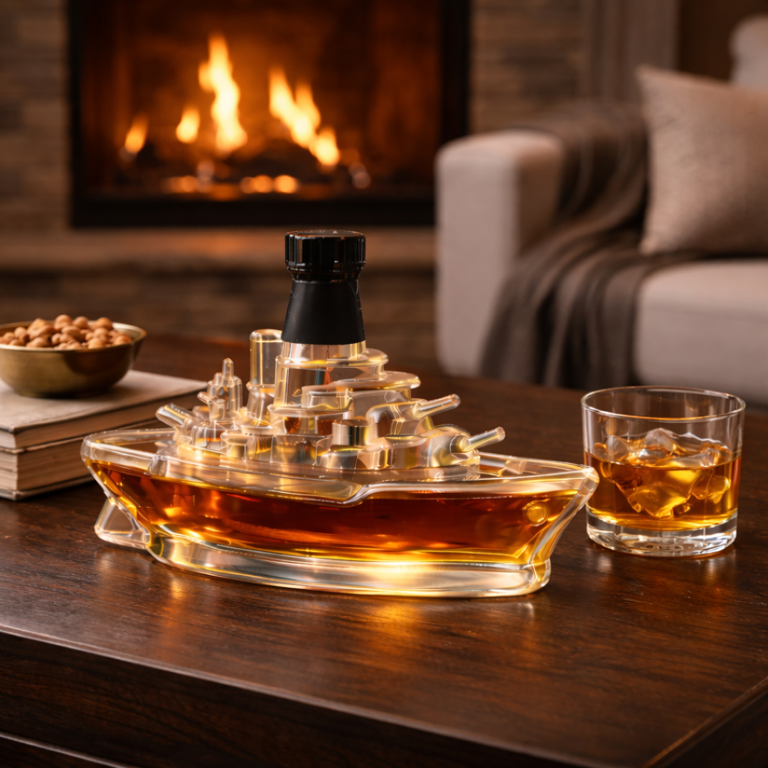 Stylish Whisky Decanter Bottle Gift Set with Marine Ship Design