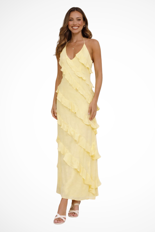 Effortless Maxi Dress for Women with Halter V-Neck Tiered Ruffle Cascading Chiffon Backless Sundress Style