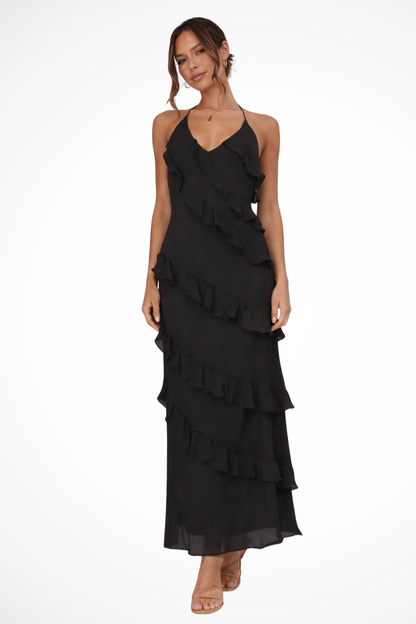 Effortless Maxi Dress for Women with Halter V-Neck Tiered Ruffle Cascading Chiffon Backless Sundress Style