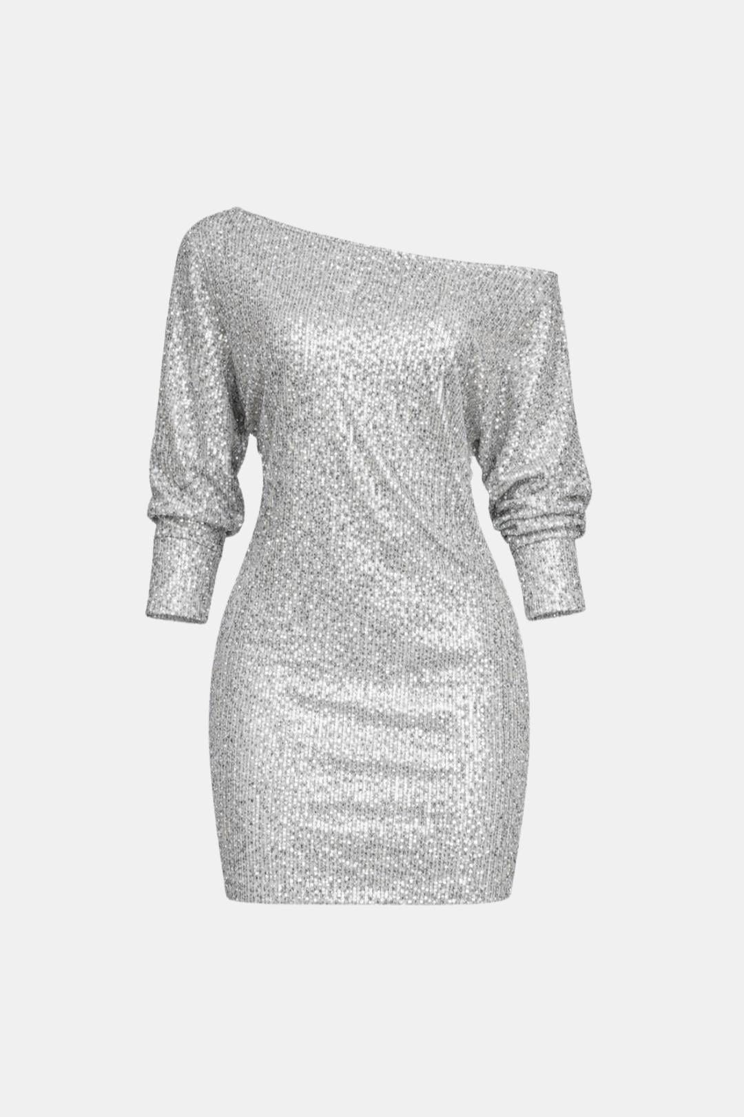Elegant Sequin Dress for Women with One Shoulder Long Sleeve Ruched Bodycon Cocktail Mini Style