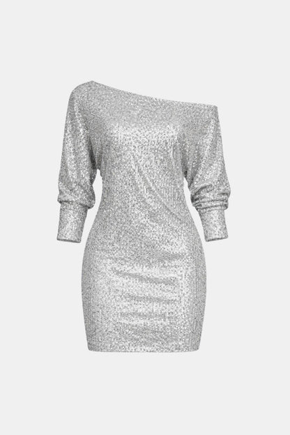 Elegant Sequin Dress for Women with One Shoulder Long Sleeve Ruched Bodycon Cocktail Mini Style