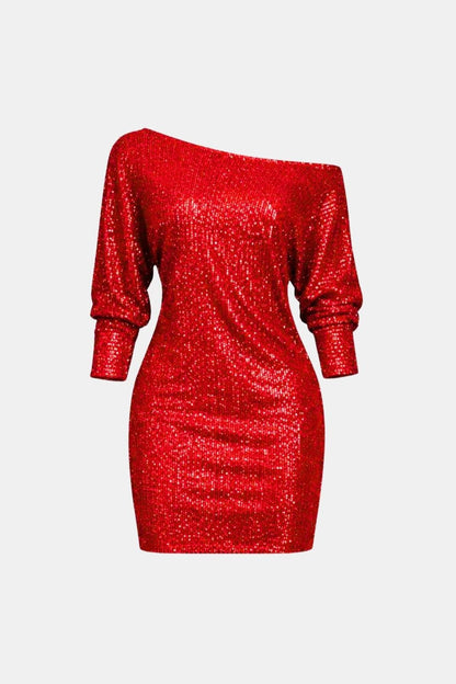 Elegant Sequin Dress for Women with One Shoulder Long Sleeve Ruched Bodycon Cocktail Mini Style