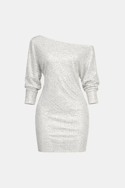 Elegant Sequin Dress for Women with One Shoulder Long Sleeve Ruched Bodycon Cocktail Mini Style