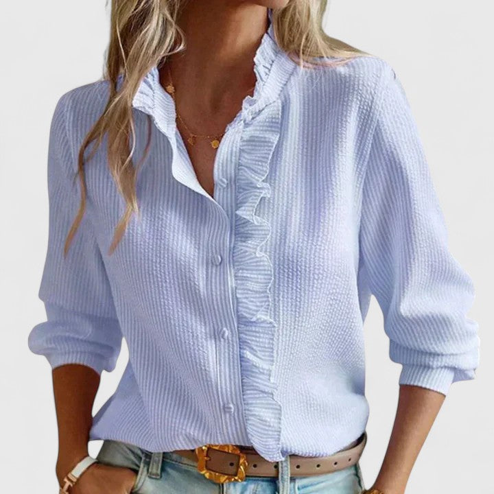 Elegant Ruffle Trim Blouse for Women with Long Sleeve Button Front Textured Casual Style