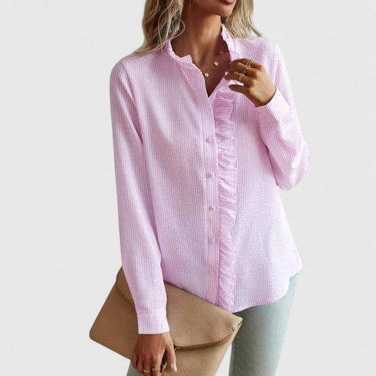 Elegant Ruffle Trim Blouse for Women with Long Sleeve Button Front Textured Casual Style