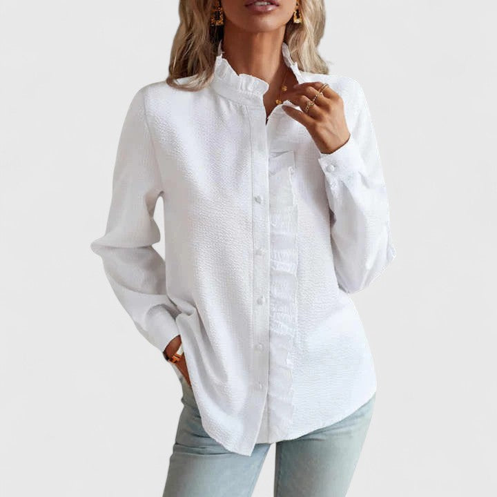 Elegant Ruffle Trim Blouse for Women with Long Sleeve Button Front Textured Casual Style