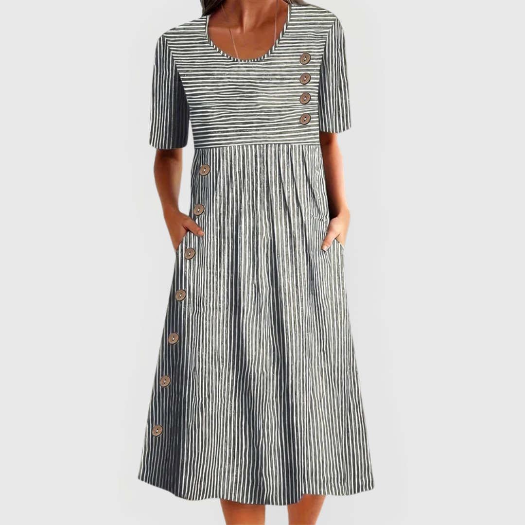 Effortless Striped Casual Dress for Women with Button Detail Short Sleeve Pocket Midi Style