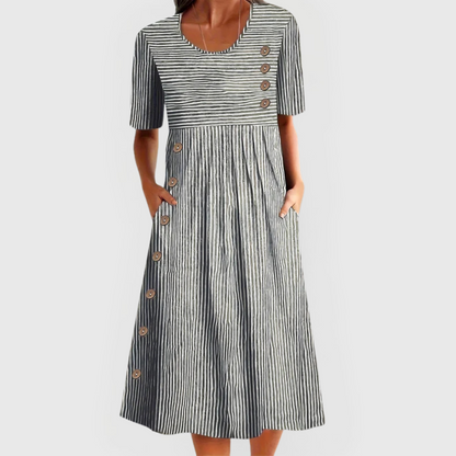 Effortless Striped Casual Dress for Women with Button Detail Short Sleeve Pocket Midi Style