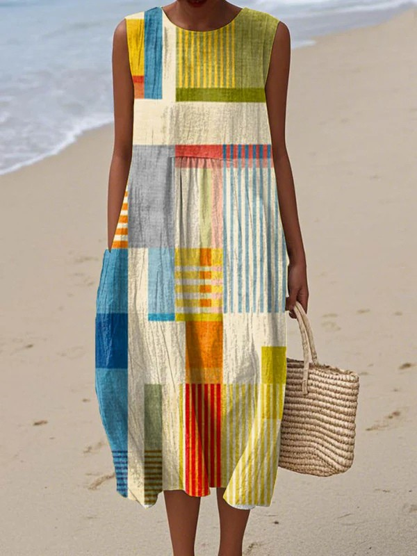 Effortless Multicolored Geometric Midi Dress for Women with Sleeveless Casual Style
