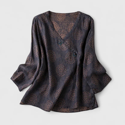 Effortless Floral Print Blouse for Women with V-Neck Long Sleeve Relaxed Casual Style