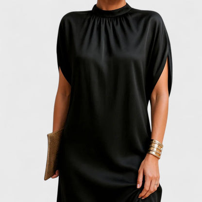 Elegant Black Mini Dress for Women with Mock Neck Split Batwing Sleeve Satin Formal Cocktail Style