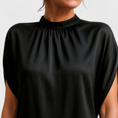 Elegant Black Mini Dress for Women with Mock Neck Split Batwing Sleeve Satin Formal Cocktail Style